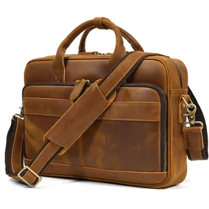 Men's brown crazy horse leather briefcase 15.6 inch laptop bag business messenger bag