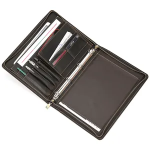 Genuine leather A4 portfolio folder business organizer with pen slots and ring binder case