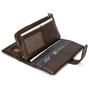 Vintage leather long wallet with multi-card slots, zip coin pocket and ID window detail.