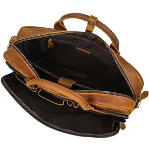 Detailed interior view of the brown leather business briefcase showing multiple compartments.