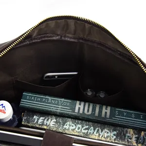 Men leather briefcase laptop bag interior detail showcasing spacious compartments.