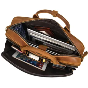 Men crazy horse leather briefcase 15.6 inch laptop business bag with multi-compartments