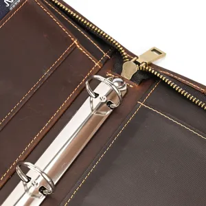 Brown crazy horse leather A4 zipper binder document organizer file bag interior view