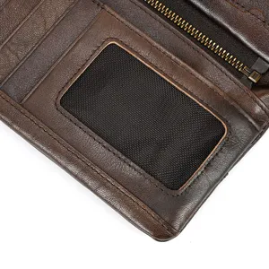 Detail view of brown leather long wallet interior featuring multi-card slots and mesh id window.