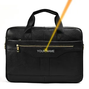Detailed view of black leather business laptop briefcase with metal zipper and custom name slot.