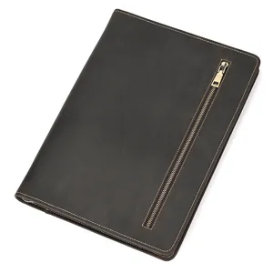 Genuine leather A4 document folder, business portfolio bag with zipper pocket and sleek stitching.