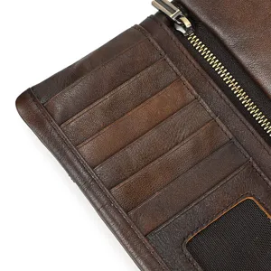 Close-up detail of vintage genuine leather long wallet with multi card slots and zipper