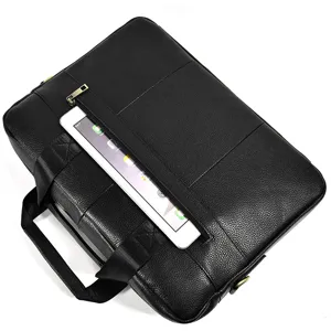 Detail shot of black leather laptop briefcase showing front zipper pocket for tablet storage.