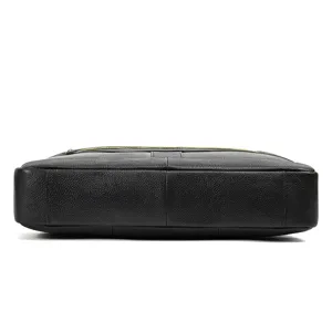 Detailed bottom view of black leather men business briefcase laptop messenger bag style.