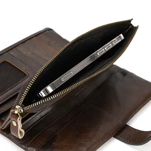 Vintage genuine leather long wallet for men women with multi-card slots and zipper coin pocket.