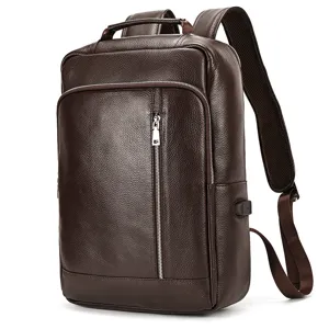 Men Business Leather Backpack Waterproof 16 Inch Laptop Bag USB Charging Commuter Casual Genuine Cowhide School Bookbag
