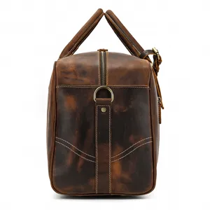 Bolso viaje de cuero crazy horse vintage detalle lateral, bolsa gimnasio de piel vacuna genuina.