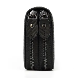 Cartera hombre negra textura fibra de carbono doble cremallera estuche cuero bolsa