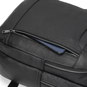 Men's leather business backpack detail shot featuring smooth zipper pockets and cowhide.