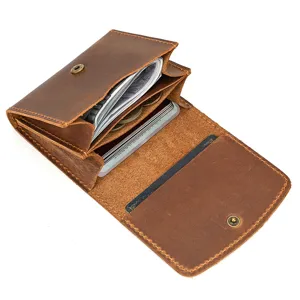 Genuine leather vintage crazy horse wallet brown short card holder coin purse for men and women.