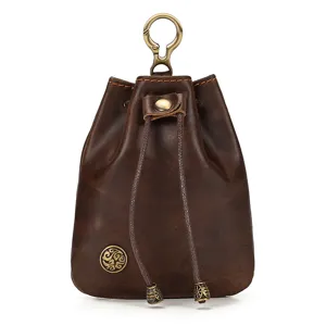 Vintage leather coin purse mini retro drawstring pouch for women dark brown small bag