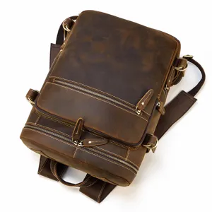 Vista dettagliata dello zaino in pelle vintage con materiale di alta qualità e cerniere.
