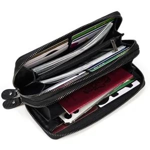 Billetera larga de cuero genuino para hombre con doble cremallera, organizador espacioso.