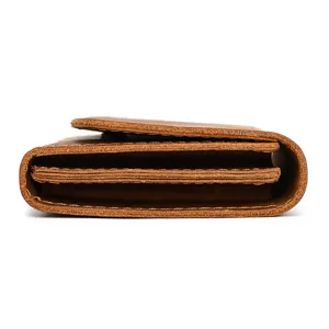 Brown crazy horse leather wallet side detail showing multi-layer folded texture and neat stitching.