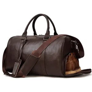 Men genuine leather travel duffel bag large capacity luggage bag with separate shoe pocket