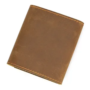 Vintage brown crazy horse leather short wallet minimalist card holder coin purse for daily use
