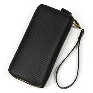 Elegante cartera larga negra para hombre con correa de muñeca y cremallera para negocios.
