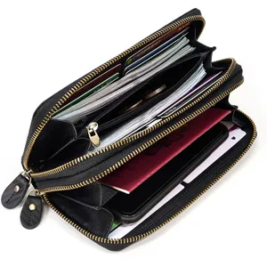 Monedero largo hombre piel auténtica doble cremallera bolso de mano business elegante negro