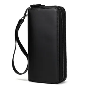 Cartera larga de cuero genuino negro para hombre, doble cremallera y correa de muñeca.
