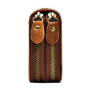 Cartera de hombre de cuero genuino con doble cremallera detalle lateral vintage.