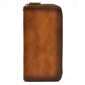 Billetera larga de cuero curtido vegetal vintage para hombre con cremallera