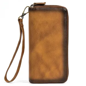 Cartera larga vintage de cuero genuino para hombre, bolso de mano de negocios con correa.