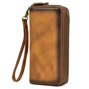 Cartera larga de cuero genuino para hombre vintage doble cremallera bolso de mano con correa