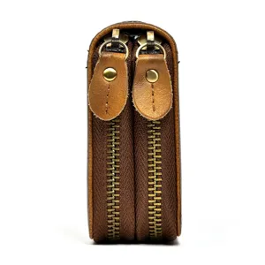 Billetera larga de cuero genuino marrón para hombre con doble cremallera bolso vintage