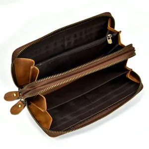 Billetera larga de cuero genuino para hombre doble cremallera tarjeteros interior detalle
