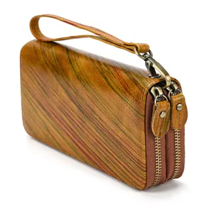 Billetera larga de hombre cuero curtido vegetal doble cremallera bolso de mano