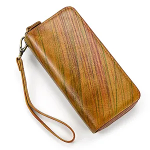 Cartera larga de hombre de cuero genuino vintage con cremallera correa de muñeca detalle.