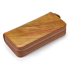 Cartera larga de cuero vintage para hombre con cremallera doble y acabado difuminado estilo.