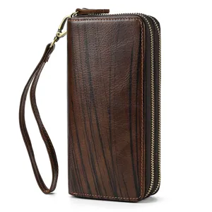 Cartera larga de cuero genuino para hombre con doble cremallera y elegante diseño