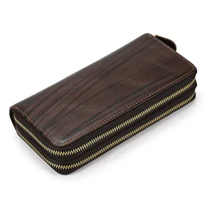 Cartera larga de hombre de cuero genuino con doble cremallera vintage marrón oscuro.