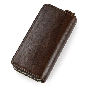Cartera larga de cuero genuino vintage para hombre bolso de mano con doble cremallera.