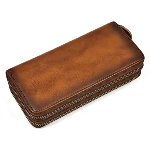 Premium genuine leather men's long wallet with double zippers, retro business design.