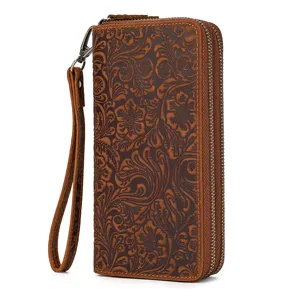 Cartera larga de cuero genuino vintage para hombre con doble cremallera y correa de mano.