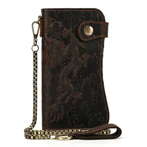 Vintage genuine leather long wallet with chain, embossed dragon pattern, multi card slot bag.
