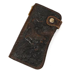 Detailed view of the embossed tiger leather long wallet showing exquisite craftsmanship and texture.