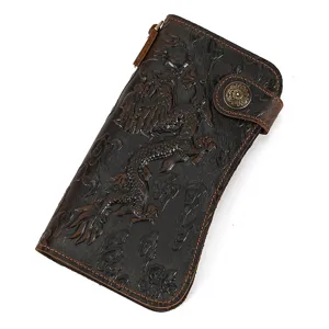 Men's Vintage Genuine Leather Long Wallet Dragon Tiger Pattern Business Clutch Purse With Chain