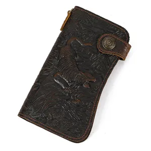 Vintage embossed tiger pattern genuine leather long wallet for men with multiple card slots.