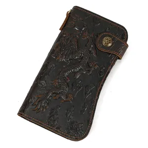 Vintage embossed dragon pattern leather long wallet with snap closure and multiple card slots.