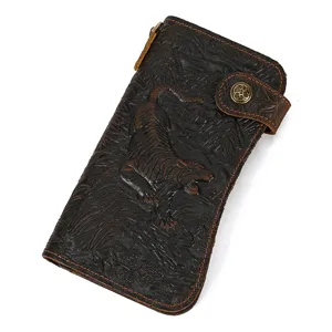 Vintage embossed leather long wallet with tiger pattern, stylish business men clutch purse.