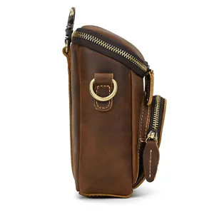 Detaillierte Seitenansicht der Vintage-Echtleder-Gürteltasche mit Metallreißverschlüssen.