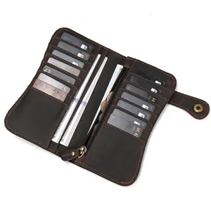Genuine leather vintage long wallet detail with multi-card slots and coin pocket.